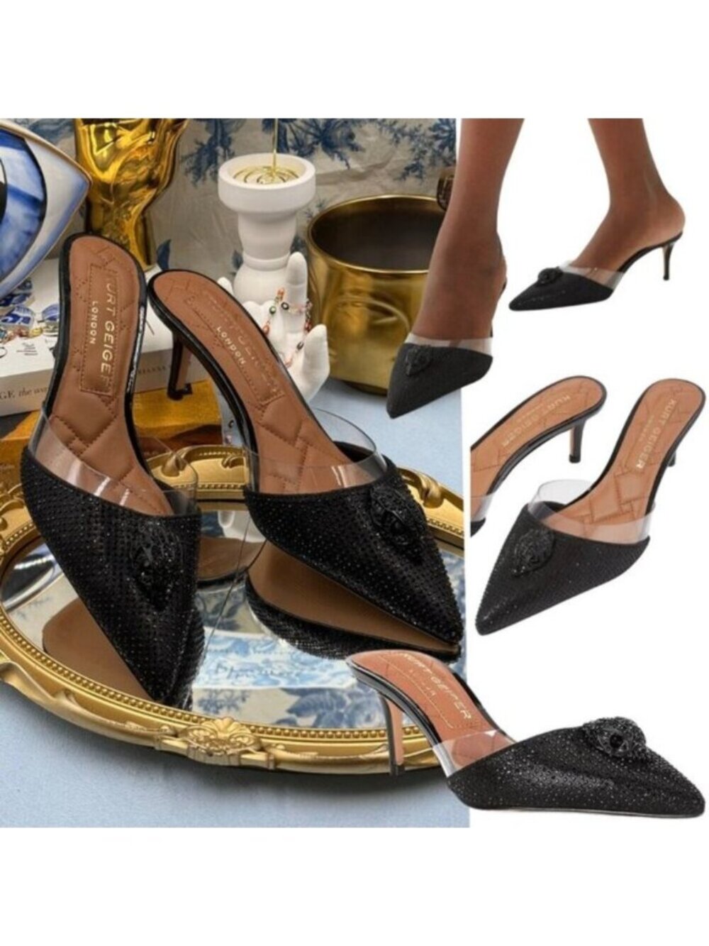 🆕 KURT GEIGER LONDON 🧿 NWOB Belgravia Shimmer Vinyl Mules, Black - Sz 37 US 7